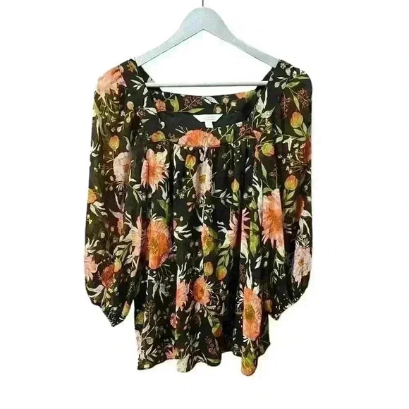 LC Lauren Conrad Floral Square Neck Peasant Top Medium - Picture 1 of 7